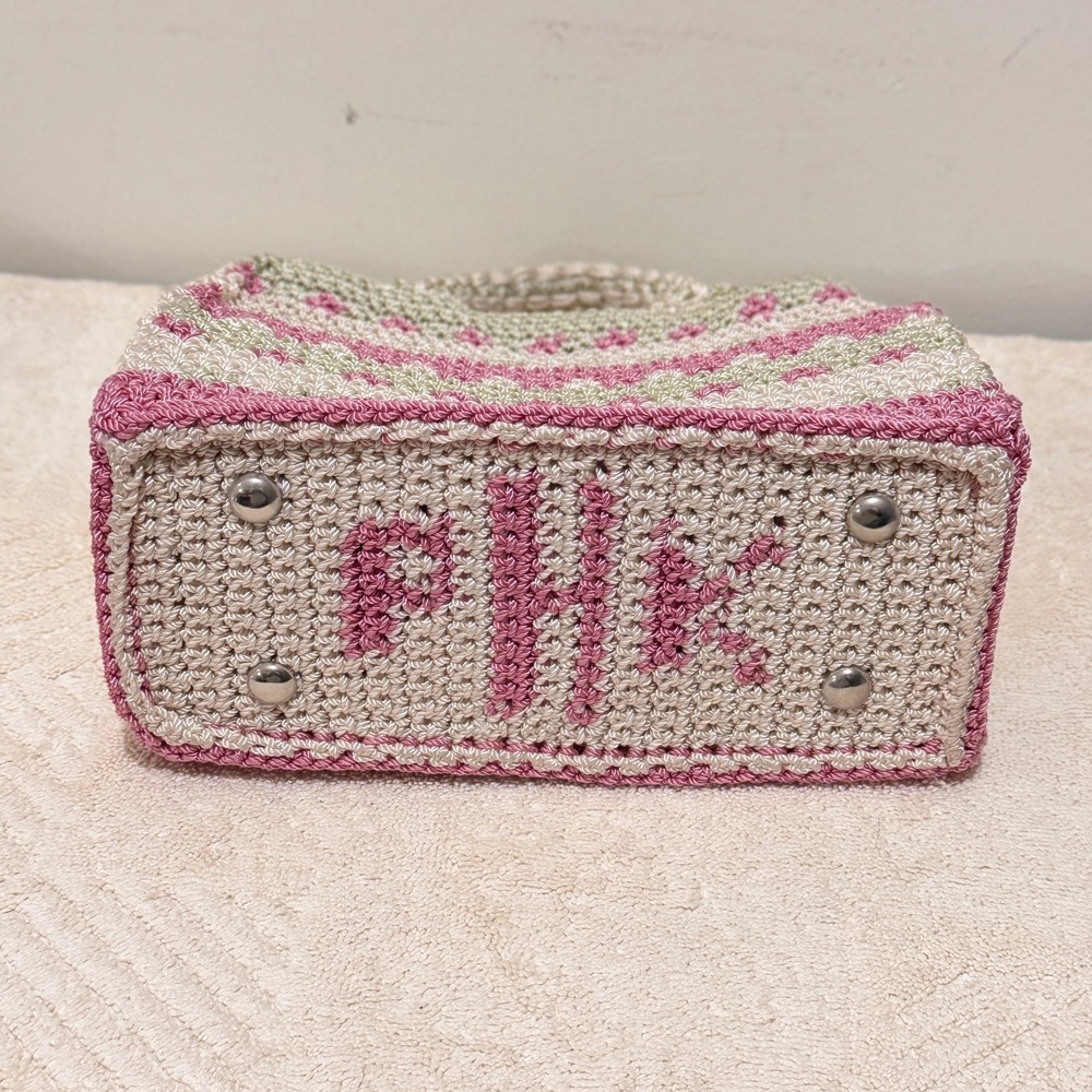 Brigit-Mary Pink Beige Crochet Floral Top Handle Satchel Handbag Knit Purse - Picture 3 of 10